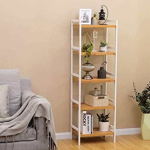 5-Tier Bamboo Storage Rack for Bathroom, Kitchen, Bedroom, 31.5 x 45 x 142 cm, Natural and White