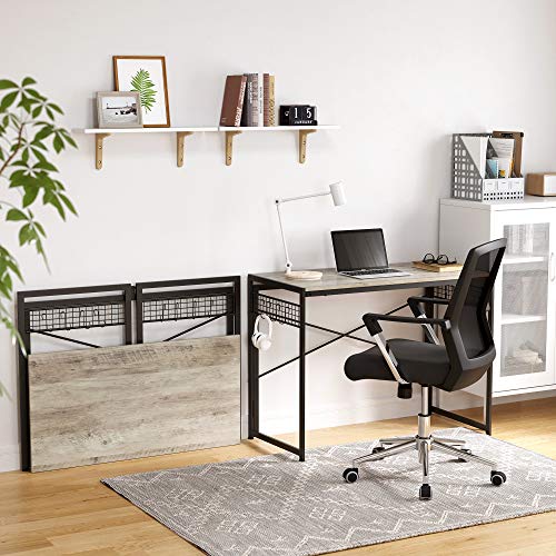 Computer Desk, Folding Writing Desk with 8 Hooks, Study Desktop Workstation, No Tools Required, Industrial, for Home Office, Laptop, and PC, Greige and Black