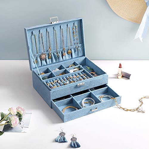 Jewellery Box, Jewellery Case, 2 Levels with a Drawer and Key, for Rings Watches Necklaces Earrings, Light Blue