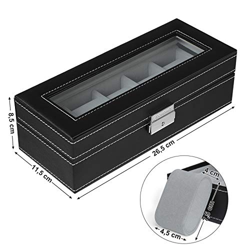 Watch Box with 5 Compartments, Glass Lid, Watch Box with Soft Velvet Lining, Display and Storage of Watches, with Lock and Keys