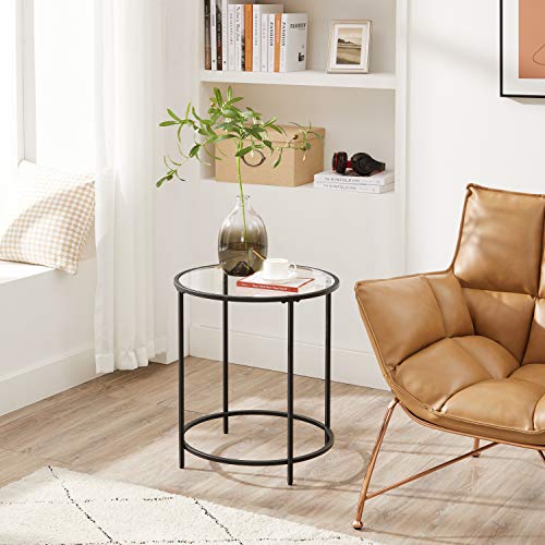 Round Side Table, Small Coffee Table, Tempered Glass End Table with Steel Frame, Bedside Table, Living Room, Balcony, Black