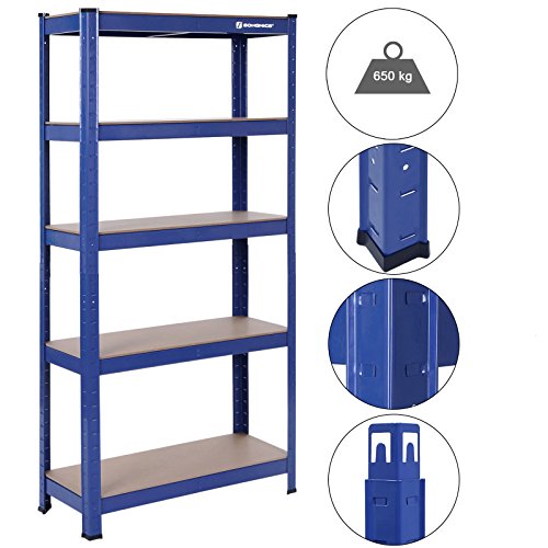 5-Tier Shelving Unit, Steel Shelving Unit for Storage, Tool-Free Assembly, for Garage, Shed, Load Capacity 650 kg, 30 x 75 x 150 cm, Blue