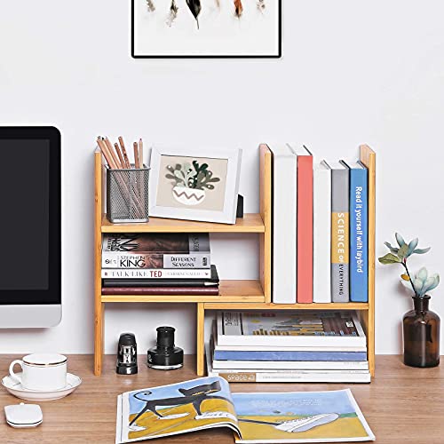 Desktop Organiser, 3 Adaptable Modules, Space-Saving DIY Tabletop Rack, Small Bookcase Decorations for Office Kitchen Bathroom, Natural Bamboo