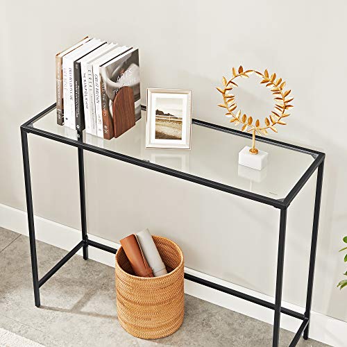 Console Table, Tempered Glass Table, Modern Sofa or Entryway Table, Metal Frame, Adjustable Feet, for Living Room, Hallway, Black