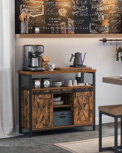 Dining Sideboard, Kitchen Cupboard, Storage Cabinet, Buffet Table with Sliding Barn Doors, Adjustable Shelf, Industrial, for Living Room, Rustic Brown and Black