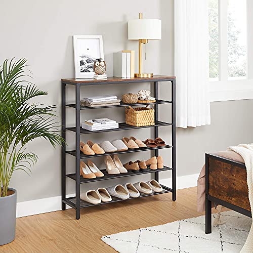 Shoe Rack with 5 Grid Levels and Large Surface for Entrance, Hallway, Metal Industrial Frame Design, Vintage Brown-Black