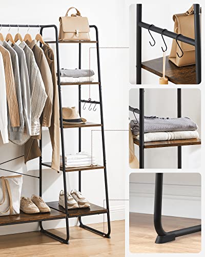 Clothes Rail, Clothes Rack with Shoe Shelf, 5-Tier Storage Rack, 6 Side Hooks, for Bedroom, Living Room, Rustic Brown and Black