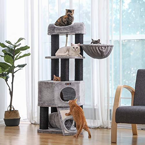 Cat Tree, Large Cat Tower with Fluffy Plush Perch, Cat Condo with Basket Lounger and Cuddle Cave, Extra Thick Posts Completely Wrapped in Black Sisal, Stable, Comfortable, Light Grey