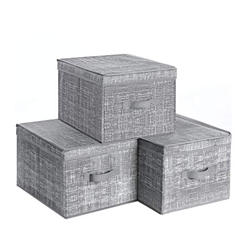 Set of 3 Foldable Storage Boxes with Lids, Fabric Cubes with Label Holders, Storage Bins Organiser, 30 x 40 x 25 cm, Heather Grey