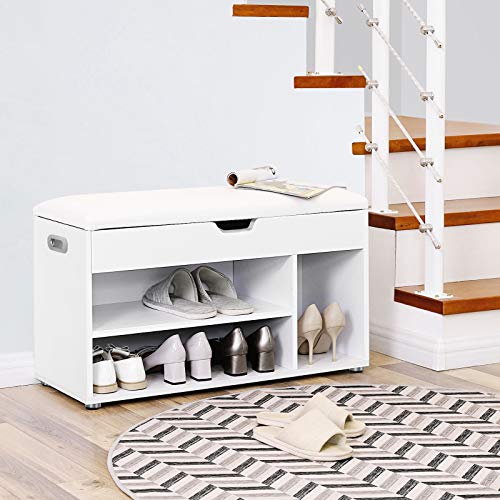 Wooden Shoe Bench, Paaed Storage Seat, Hallway Cabinet with 2 Shelves and a Hidden Chest, White