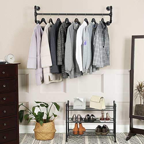 Wall-Mounted Clothes Rack, Set of 2, Industrial Pipe Clothes Hanging Bar, Space-Saving, 110 x 30 x 29.3 cm, Each Holds up to 60 kg, for Small Space, Black