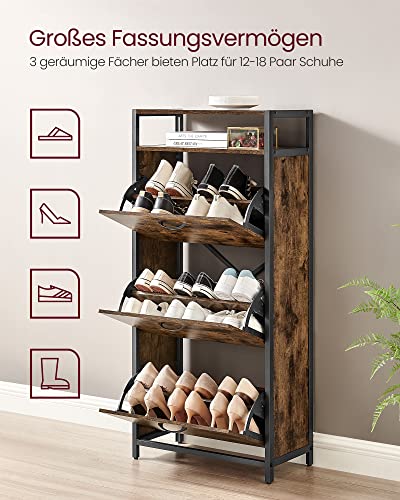 Shoe Cabinet With 3 Flip Doors, Storage Rack with Open Compartment, Internal Dividers, for 15-18 Pairs of Shoes, 60 x 30 x 130 cm, Rustic Brown and Black