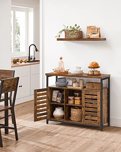 Floor Standing Cabinet, Kitchen Storage Cabinet with Cupboard and Shelves, Louvred Doors, for Dining Room, Living Room, Hallway, Bedroom, Rustic Brown and Black