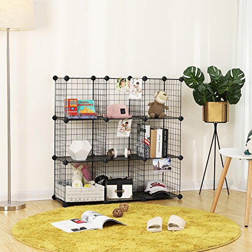 9-Cube Metal Wire Storage Rack, Interlocking Shelving Unit with Metal Wire Shelves, PP Plastic Sheets for Book Shoes Toys Clothes Tools, in Living Room, 93 x 31 x 93 cm, Black