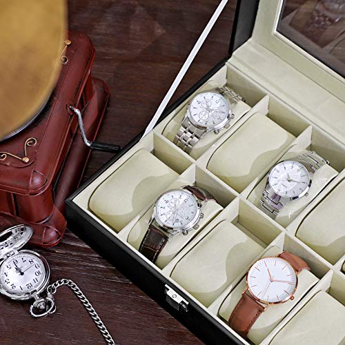 Watch Box with 10 Slots, Watch Case with Glass Lid, Watch Display Box with Removable Watch Pillows, Metal Clasp, Gift Idea, Black Synthetic Leather, Greenish Beige Lining