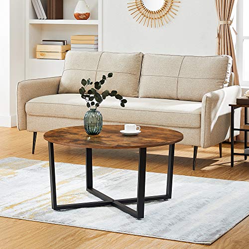 Round Coffee Table, Industrial Style Cocktail Table, Durable Metal Frame, Easy To Assemble, for Living Room, Bedroom, Rustic Brown and Black