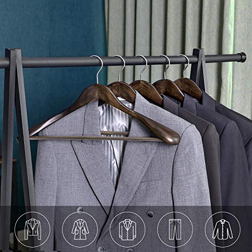 Suit Hangers, Solid Wood Hangers with Broad Ends Non-Slip Trouser Bar, Set of 6 for Outfits, Shirts, Coats, Jackets, Trousers, Pants, 360° Swivel Hook, Dark Walnut