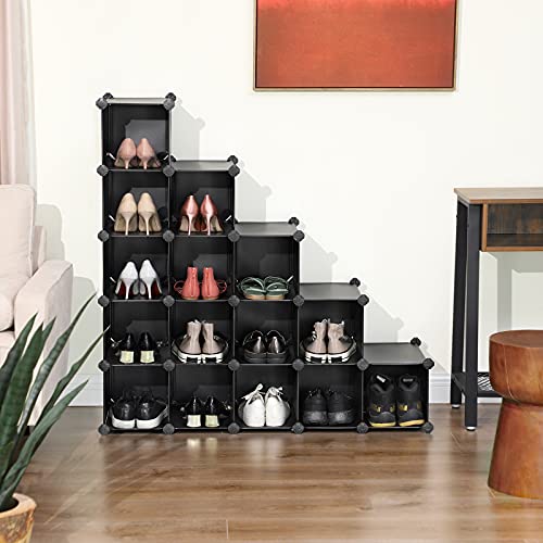 Interlocking Shoe Rack, Rectangular Storage Organiser, 15-Slot Modular DIY Storage Shelf Unit, Metal Wire Wardrobe, Black