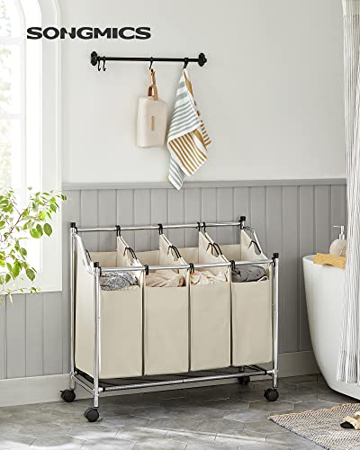 Rolling Laundry Sorter, Laundry Basket with 4 Removable Bags, Laundry Hamper, Laundry Trolley, for Laundry Room, Bedroom, Bathroom, 4 x 35L, Beige