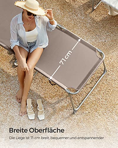 Lounger, Sunbed, Large Reclining Sun Chair, 71 x 200 x 38 cm, Load Capacity 150 kg, with Headrest, Reclining Backrest, Sunshade, Foldable, for Garden, Taupe Colour