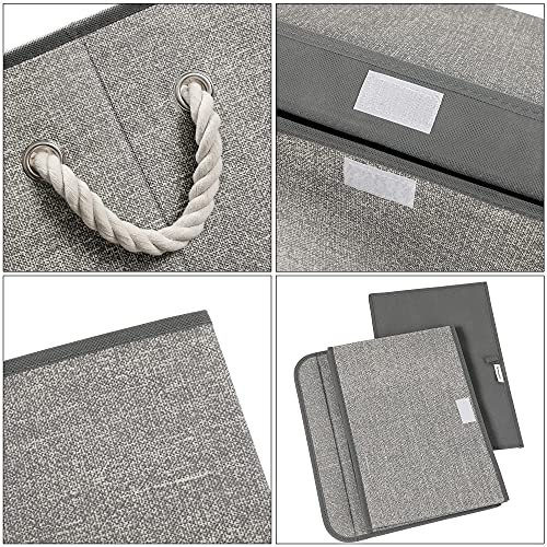 Storage Boxes with Lid, Set of 3 Fabric Storage Boxes and Organiser Bins with Cotton Handles, Linen Pattern, Grey