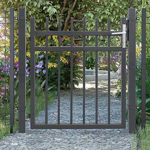 Garden Gate, Galvanised Iron Garden Door, Fence Gate, Sturdy and Durable, with Quality Lock, Handle and Key, 106 x 100 cm (L x H), Grey