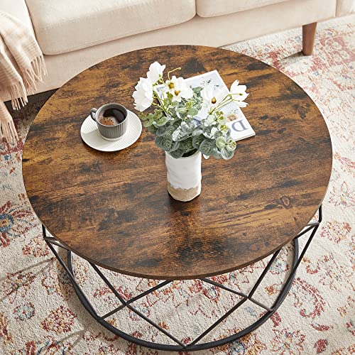 Round Coffee Table, Small Centre Table with Steel Frame, for Living Room, Bedroom, Study, Industrial Style, Rustic Brown and Black