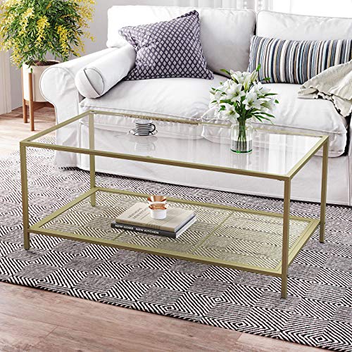 Coffee Table with Tempered Glass Top and Mesh Shelf, Cocktail Table with Stable Steel Frame, for Living Room, Gold and Transparent Colour