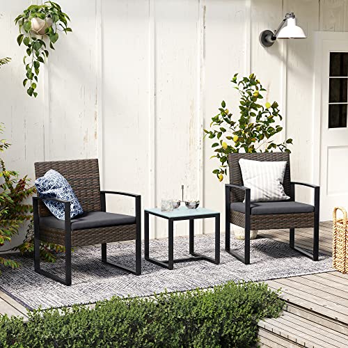 Songmics  Balcony Furniture Set, PE Polyrattan Lounge Set, Table and 2 Chairs, Patio Furniture, Easy Assembly, Outdoor, for Patio, Balcony, Garden, Black/Grey