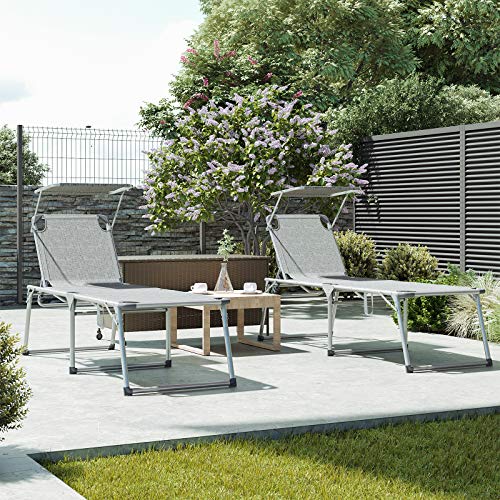 Sun Lounger, Sunbed, Large Reclining Sun Chair, 65 x 200 x 48 cm, Load Capacity 150 kg, with Reclining Backrest, Sunshade, Foldable, for Garden, Balcony, Terrace, Mottled Grey