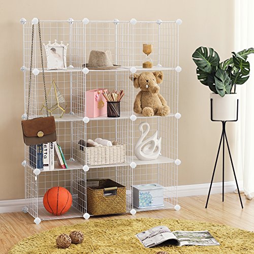 12 Cubes Wire Grid Storage Rack, Interlocking Shelving Unit with Metal Mesh Shelves and PP Plastic Sheets, for Books Shoes Toys Clothes Tools, in Living Room Bathroom, White