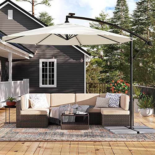 Cantilever Garden Patio Parasol with Solar-Powered LED Lights, 3 m Offset Parasol with Base, UPF 50+ Banana Hanging Umbrella, Crank for Opening Closing, Beige