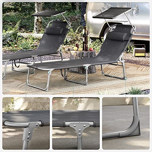 Sun Lounger with 3 cm Thick Cushion, Headrest, Sun Canopy, Adjustable Backrest, Foldable, 53 x 193 x 29.5 cm, Maximum Load 150 kg, Garden, Balcony, Black