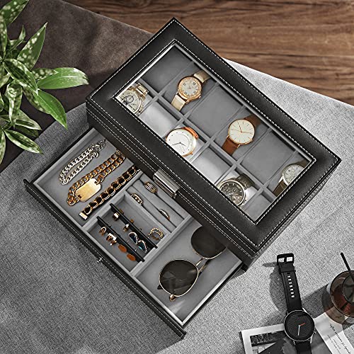 Watch Box, Watch Case with Glass Lid, 2-Tier Watch Display Case for 12 Watches, Lockable, 1 Drawer, for Rings, Bracelets, Gift Idea, Black Synthetic Leather, Grey Lining