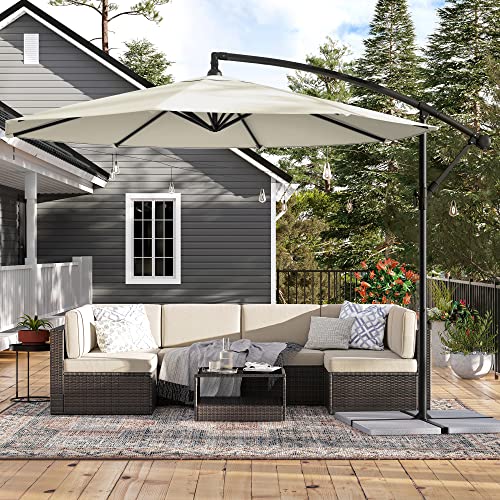 Cantilever Garden Patio Umbrella with Base, 3 m Offset Parasol, Banana Hanging Umbrella, Sunshade with Protection UPF 50+, Crank for Opening Closing, Beige