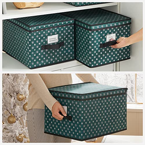 Storage Boxes with Lid, Set of 3, Folding Boxes with Labels for Christmas, Fabric Boxes with Snowflakes Pattern for Closet, 30 x 40 x 25 cm, Green