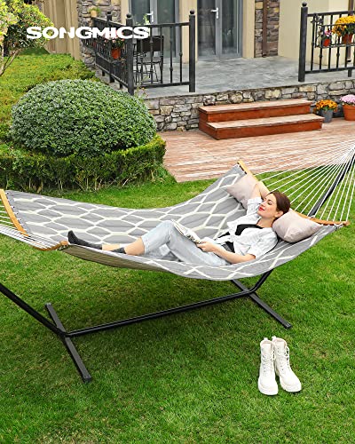 Hammock, Quilted Fabric Hammock with Detachable Curved Bamboo Spreaders, Pillow, 200 x 140 cm, Load Capacity 225 kg, Grey and Beige Rhombus