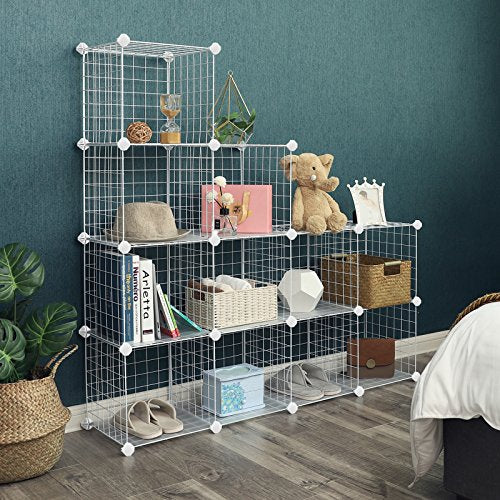 12 Cubes Wire Grid Storage Rack, Interlocking Shelving Unit with Metal Mesh Shelves and PP Plastic Sheets, for Books Shoes Toys Clothes Tools, in Living Room Bathroom, White