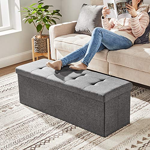 Songmics Bench with Storage Space, Seat Chest, Storage Box, Foldable, Max. static load capacity 300 kg, with metal divider grid, 120 L, 110 x 38 x 38 cm, imitation linen