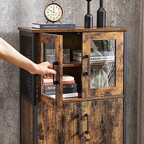 Storage Cabinet, Multipurpose Cupboard, Sideboard, Adjustable Shelf, Bathroom Cabinet, Steel Frame, for Living Room Kitchen, Industrial Style, Rustic Brown and Black