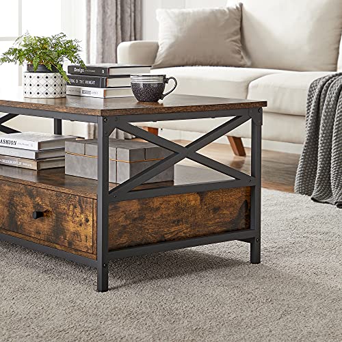 Coffee Table, Living Room Table, with 2 Drawers and Open Storage Shelf, X Shaped Steel Frame, 100 x 55 x 45 cm, Industrial Style, Rustic Brown and Black