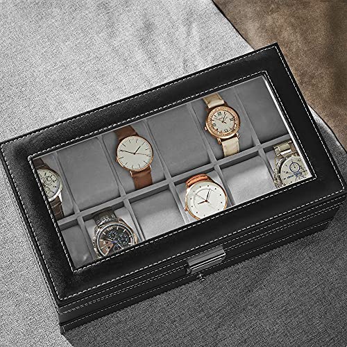 Watch Box, Watch Case with Glass Lid, 2-Tier Watch Display Case for 12 Watches, Lockable, 1 Drawer, for Rings, Bracelets, Gift Idea, Black Synthetic Leather, Grey Lining