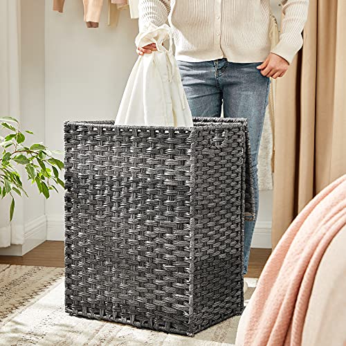 Handwoven Laundry Basket, 90L Synthetic Rattan Clothes Hamper with Lid and Handles, Foldable, Removable Liner Bag, Grey