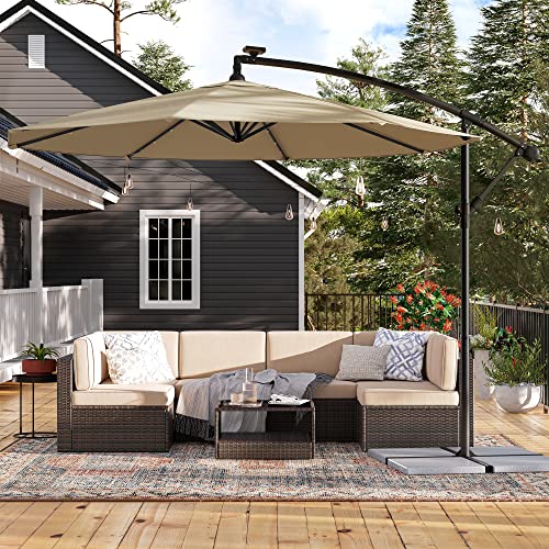 Cantilever Garden Patio Parasol with Solar-Powered LED Lights, 3 m Offset Parasol with Base, UPF 50+ Banana Hanging Umbrella, Crank for Opening Closing, Taupe