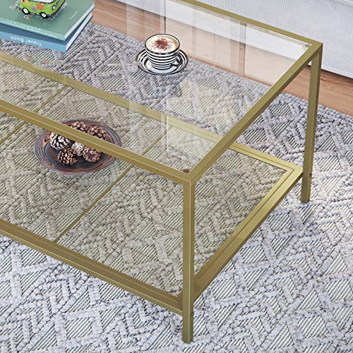 Coffee Table with Tempered Glass Top and Mesh Shelf, Cocktail Table with Stable Steel Frame, for Living Room, Gold and Transparent Colour