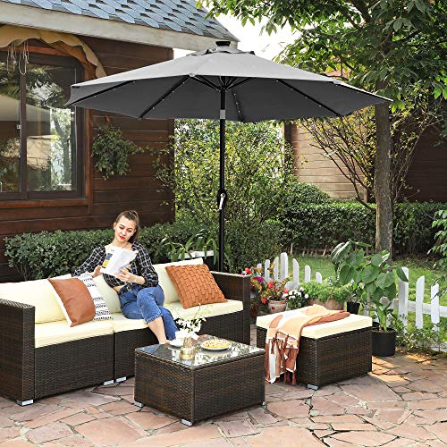 3 m Garden Parasol Umbrella with Solar-Powered LED Lights, Sunshade with UPF 50+ Protection, Tilting, Crank Handle for Opening Closing, Base Not Included, Grey