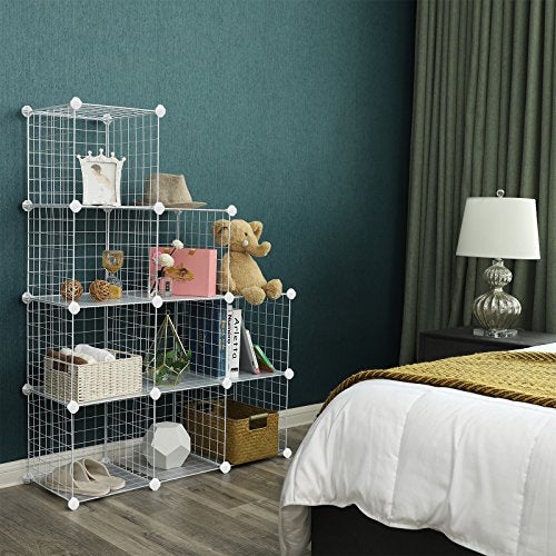 9-Cube Metal Wire Storage Rack, Interlocking Shelving Unit with Metal Wire Shelves, PP Plastic Sheets for Book Shoes Toys Clothes Tools, in Living Room, 93 x 31 x 93 cm, White