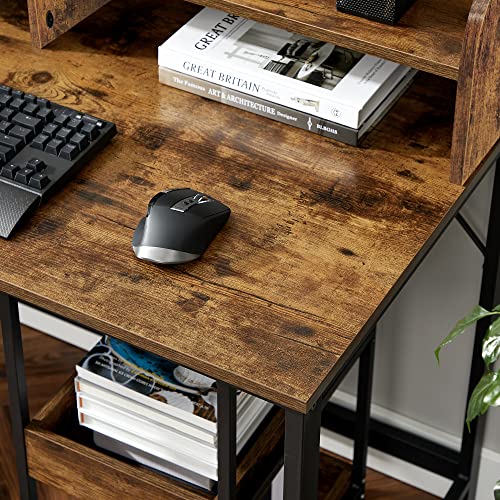 Computer Desk, Writing Study Desk with Monitor Stand, Cable Hole, 3-Tier Rolling Cart, Steel Frame, Industrial Style, Rustic Brown and Black