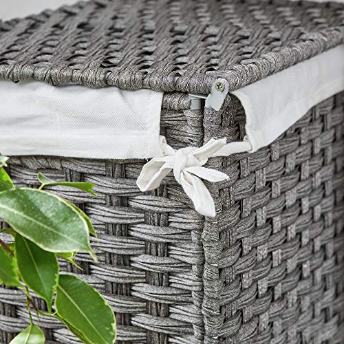 Handwoven Laundry Basket, 90L Synthetic Rattan Clothes Hamper with Lid and Handles, Foldable, Removable Liner Bag, Grey