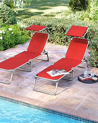 Sun Lounger, Sunbed, Reclining Sun Chair with Sunshade, Adjustable Backrest, Foldable, Lightweight, 55 x 193 x 31 cm, Load Capacity 150 kg, for Garden, Patio, Red